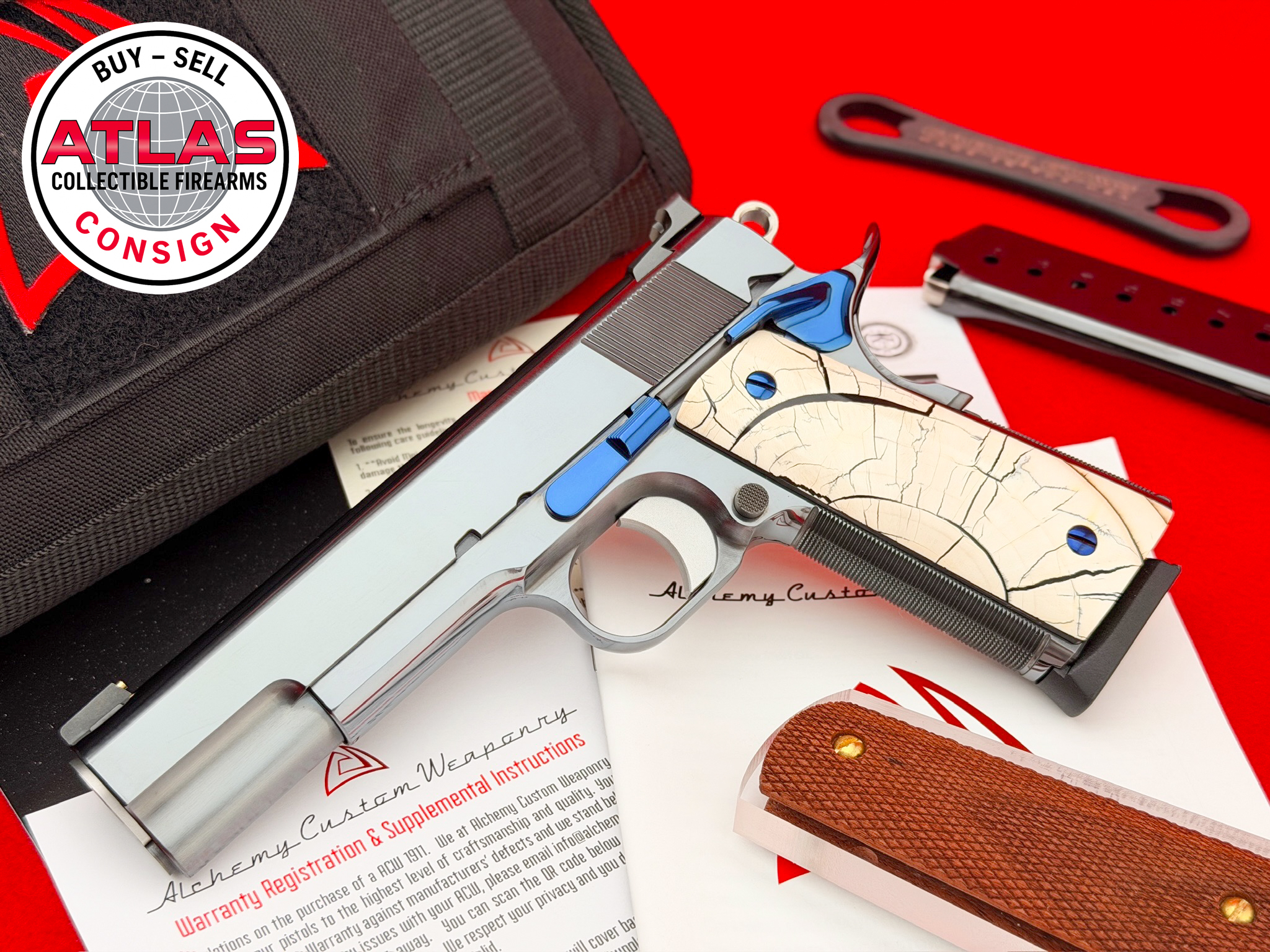 Alchemy Custom Weaponry-Alchemy Custom Weaponry Prime Elite 1911 .45 ACP Fire Blue w/ MAMMOTH IVORY
HIGH GRADE "HERITAGE" LEVEL CHARCOAL BLUE - CABOT-Prime Elite Heritage-Level 5" Government Model, Fire Blue and Charcoal Blue with Mammoth Ivory