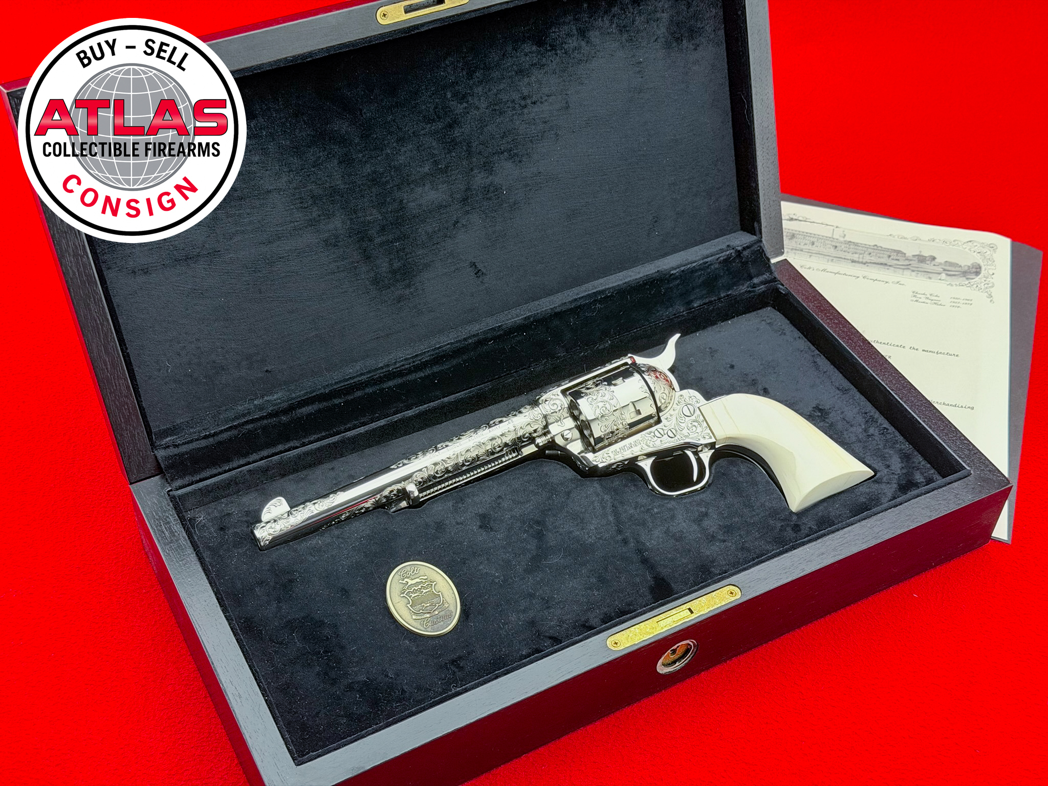Colt-FACTORY ENGRAVED 1979 Colt SAA 7.5" Nickel .45 Colt w/ Real Ivory Grips-7.5" Grade C Factory Engraved Nickel